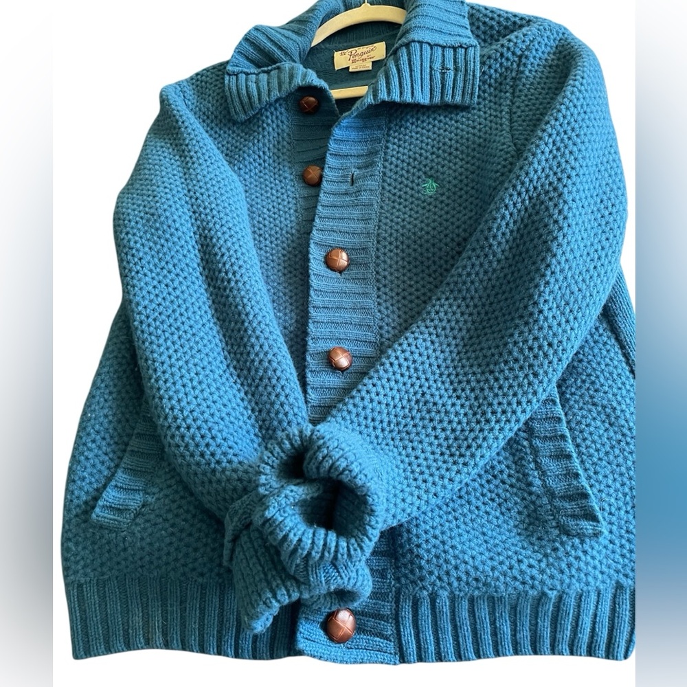 Crewneck Button-Up Cardigan Sweater in Teal by Original Penguin